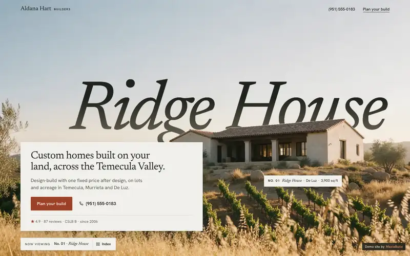 Aldana Hart Builders website, first screen on a desktop browser