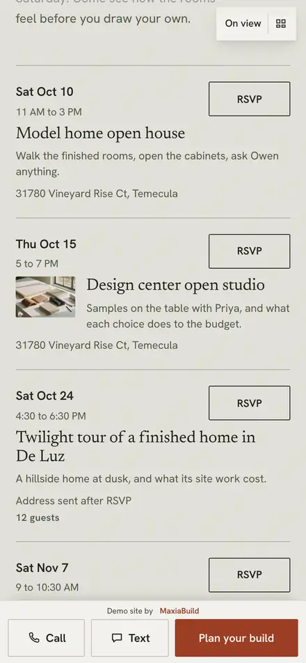 Aldana Hart Builders on a phone at the "Not yet" moment, with "RSVP" outlined