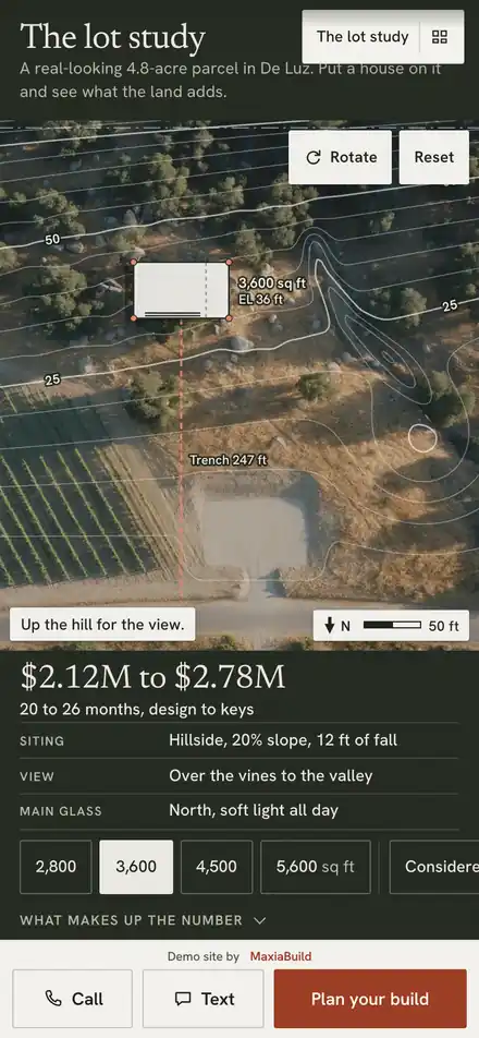 Aldana Hart Builders on a phone at the "Still comparing" moment, with "Staking the lot" outlined
