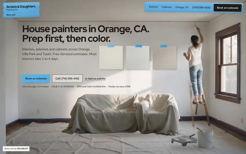 Arrieta & Daughters Painting Co. website, first screen on a desktop browser