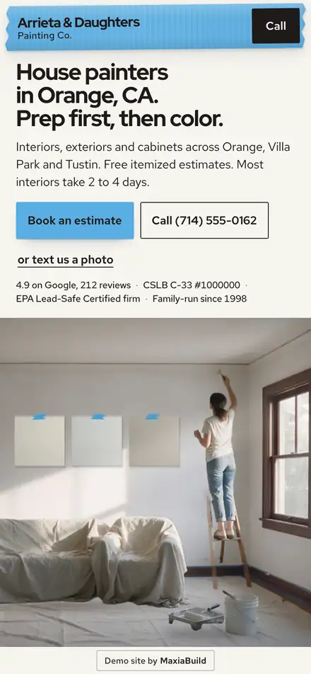Arrieta & Daughters Painting Co. on a phone, first screen