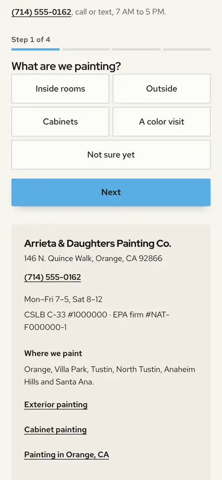 Arrieta & Daughters Painting Co. on a phone at the "Ready to book" moment, with "Book an estimate" outlined