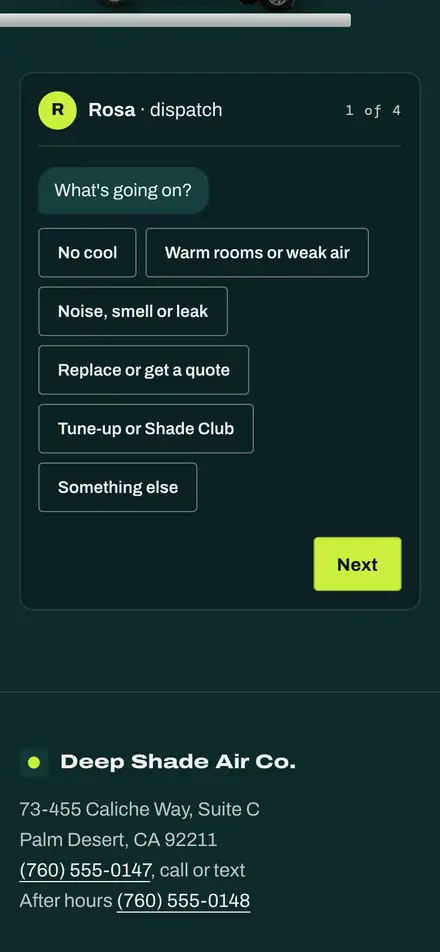 Deep Shade Air Co. on a phone at the "Ready to book" moment, with "Book today's visit" outlined