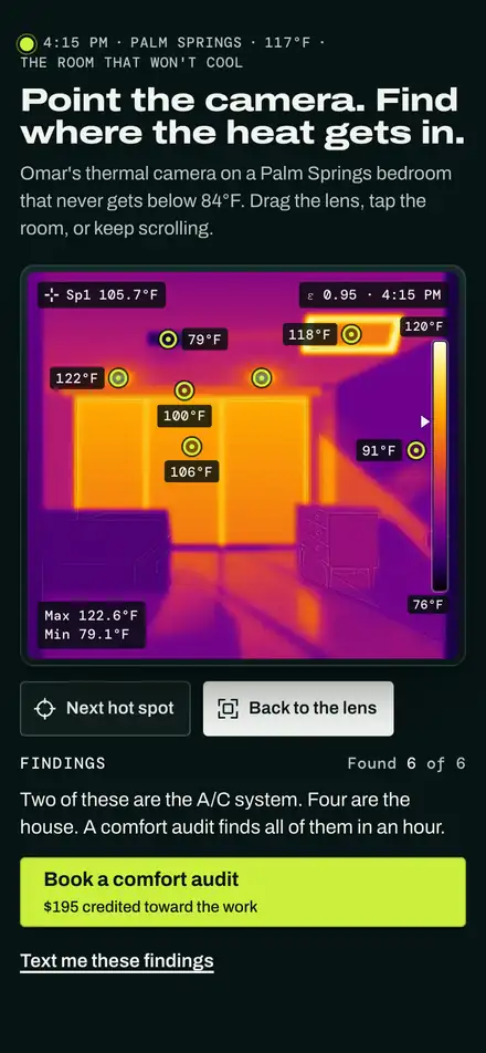 Deep Shade Air Co. on a phone at the "Still comparing" moment, with "The thermal camera" outlined