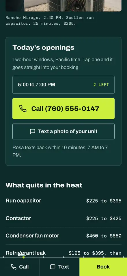 Deep Shade Air Co. on a phone at the "It's broken now" moment, with "Call · Text · Book" outlined