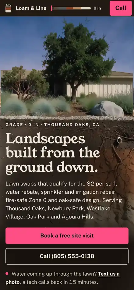 Loam & Line Landscape Co. on a phone, first screen