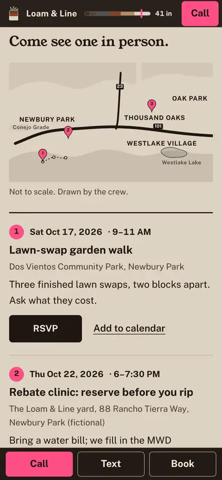 Loam & Line Landscape Co. on a phone at the "Not yet" moment, with "RSVP" outlined