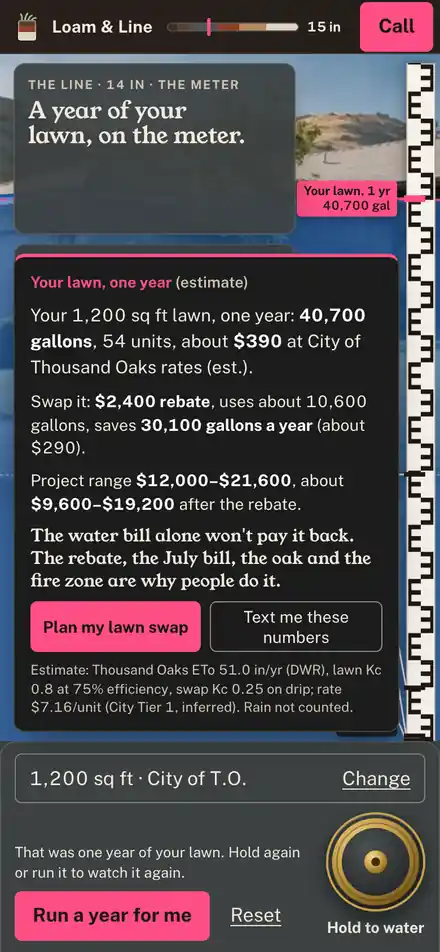 Loam & Line Landscape Co. on a phone at the "Still comparing" moment, with "The meter" outlined