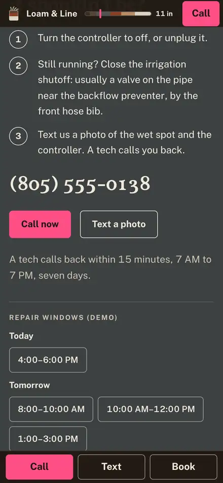 Loam & Line Landscape Co. on a phone at the "It's broken now" moment, with "Call · Text · Book" outlined