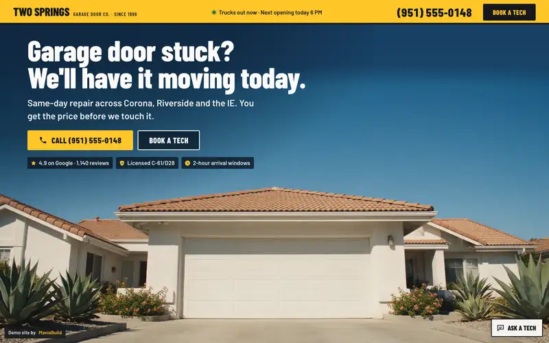 Two Springs Garage Door Co. website, first screen on a desktop browser