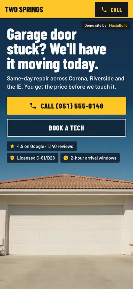 Two Springs Garage Door Co. on a phone, first screen