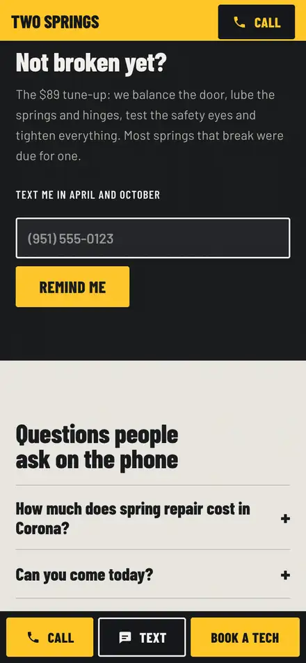 Two Springs Garage Door Co. on a phone at the "Not yet" moment, with "Remind me" outlined