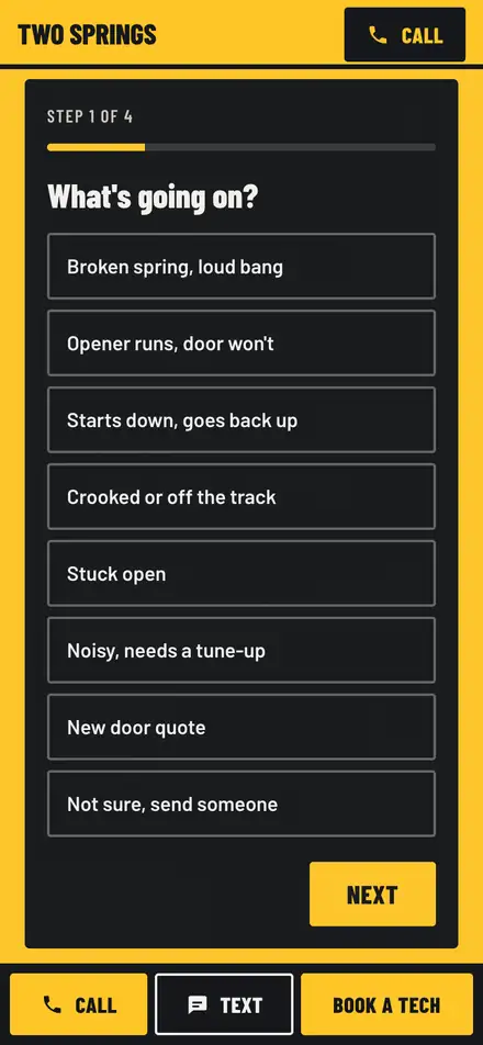 Two Springs Garage Door Co. on a phone at the "Ready to book" moment, with "Book a tech" outlined