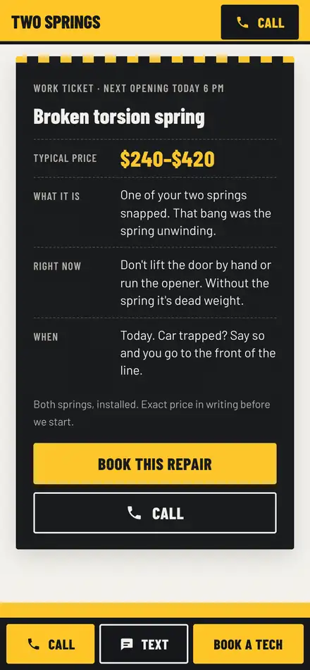 Two Springs Garage Door Co. on a phone at the "Still comparing" moment, with "The diagnostic door" outlined
