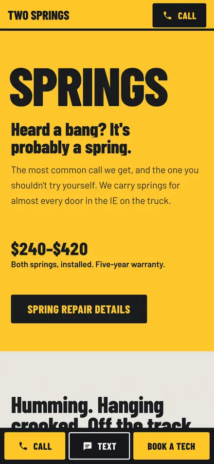 Two Springs Garage Door Co. on a phone at the "It's broken now" moment, with "Call · Text · Book a tech" outlined